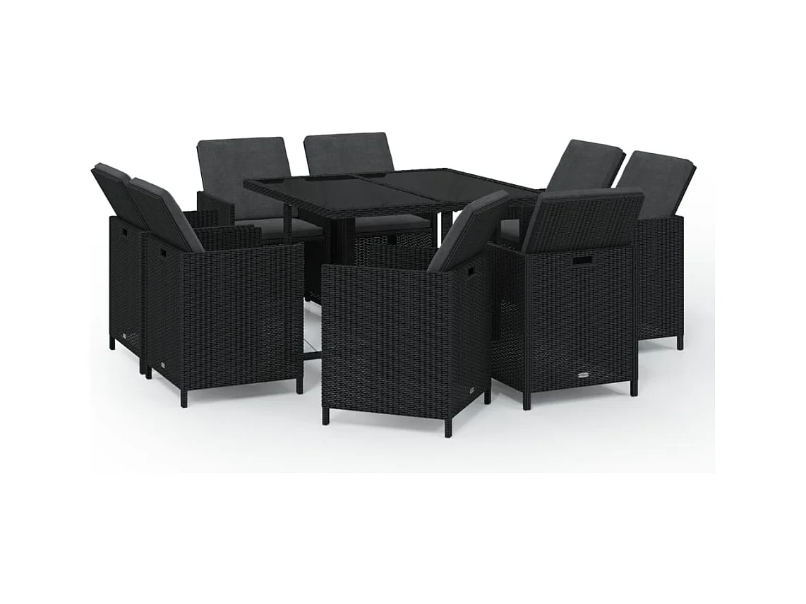 Hugo  Set de comedor de jardín 9 pzas y cojines ratán sintético negro
