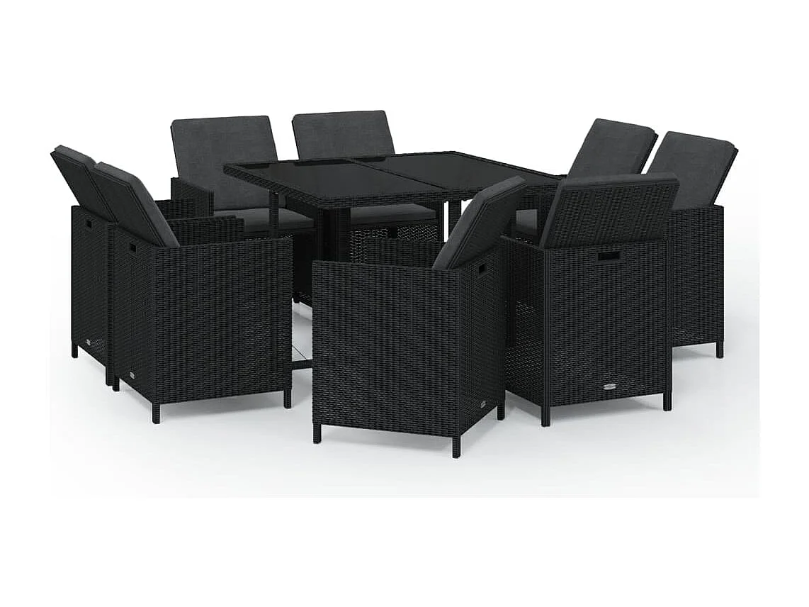 Hugo  Ensemble à manger de jardin coussins 9pcs Résine tressée Noir