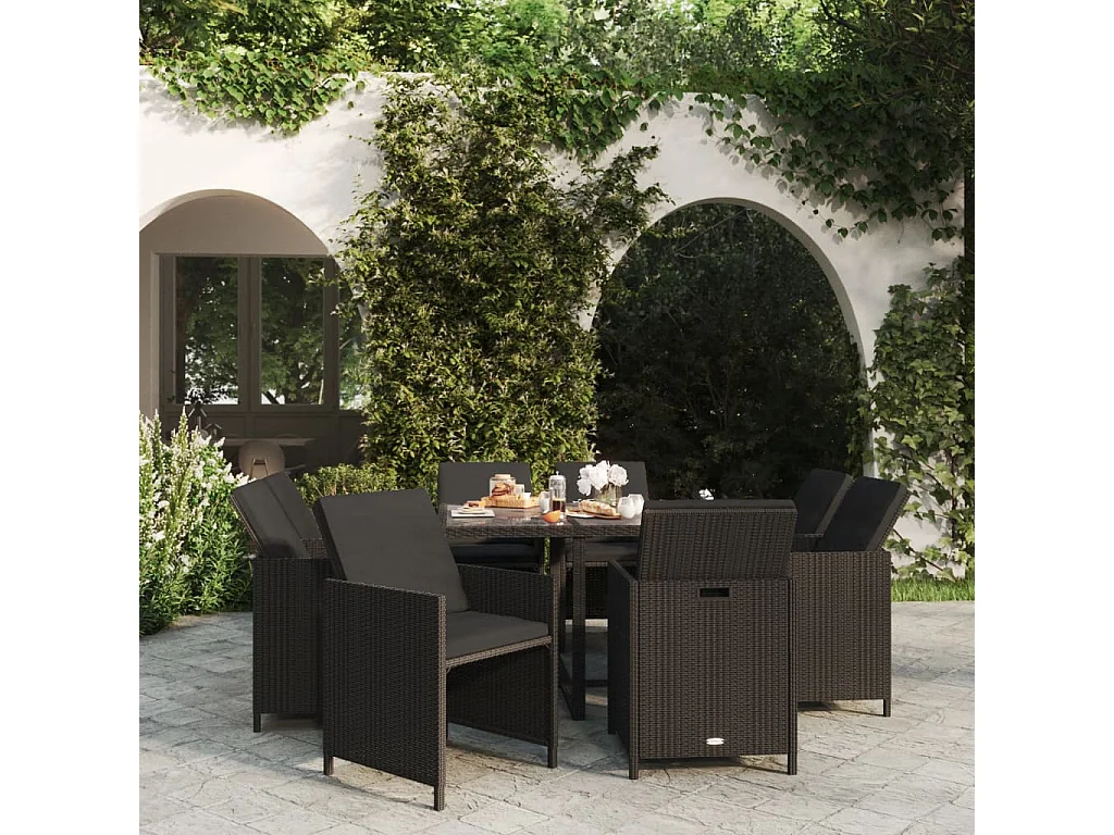 Hugo  Ensemble à manger de jardin coussins 9pcs Résine tressée Noir