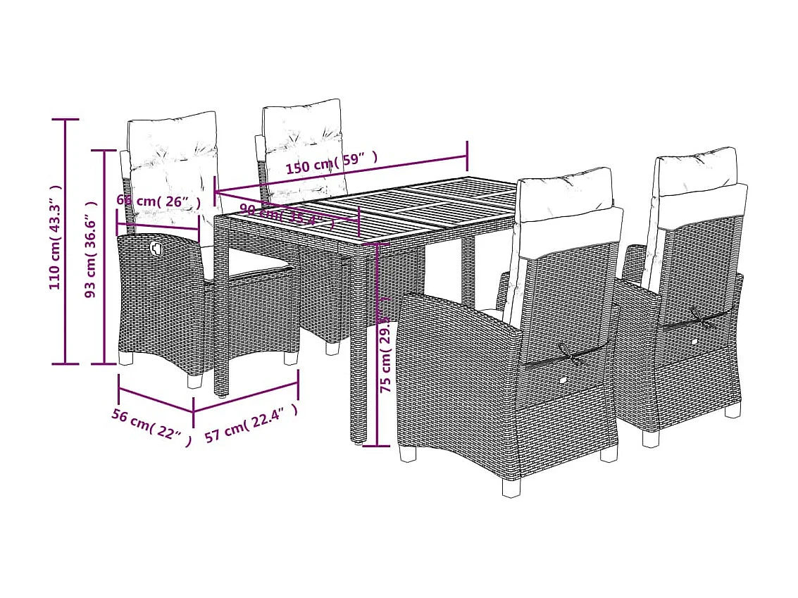Magnir  Set comedor de jardín 5 piezas con cojines ratán sintético gris