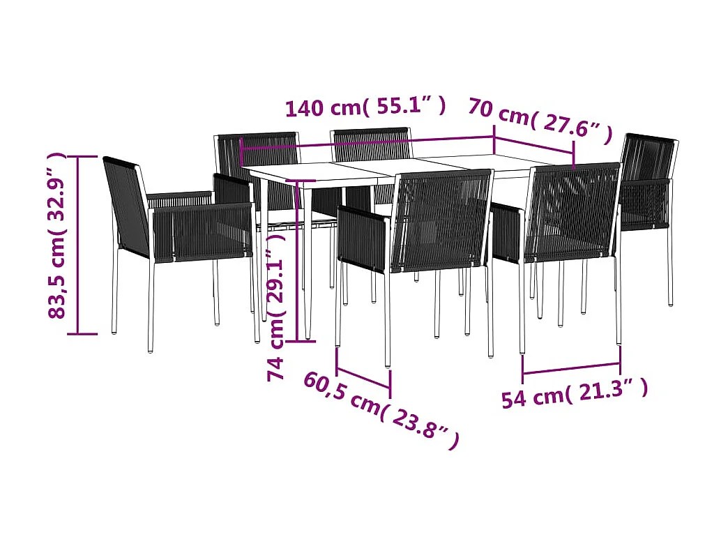 Giovanni Carlo  Ensemble à manger de jardin coussins 7 pcs noir rotin et acier