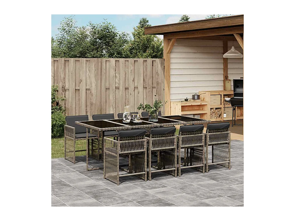 Jeffersontown  Set comedor jardín 9 pzas y cojines ratán sintético gris