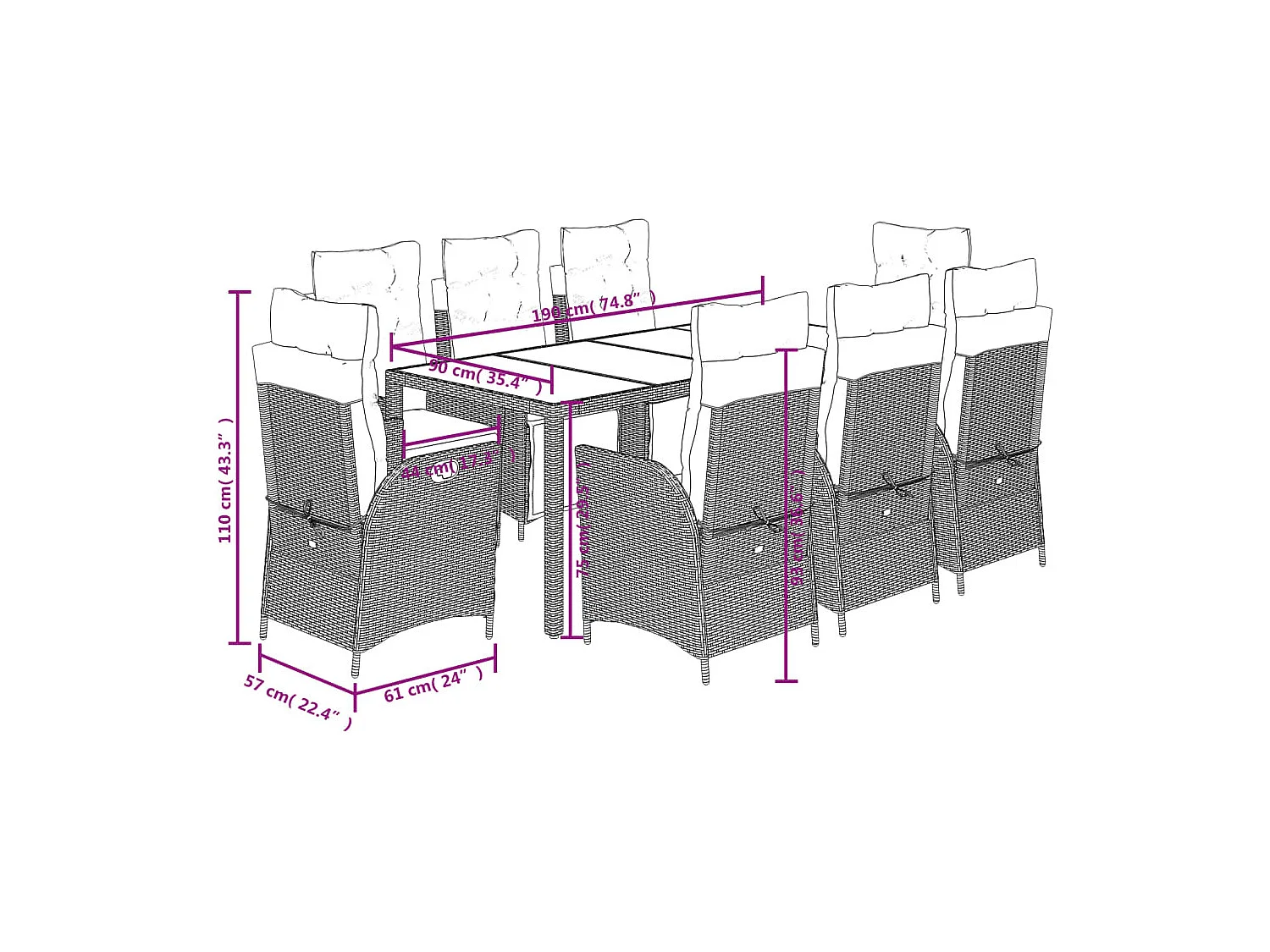 Chris David  Ensemble à manger de jardin 9pcs coussins noir résine tressée