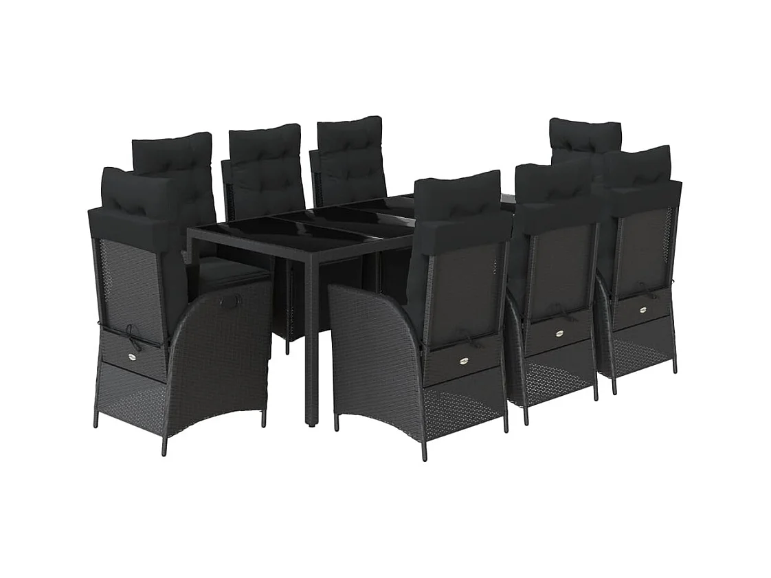 Chris David  Set de comedor de jardín 9 pzas y cojines ratán sintético negro