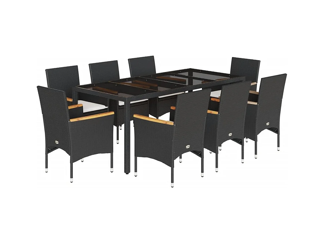 Bakersfield  Set comedor jardín 9 pzas cojines ratán sintético vidrio negro