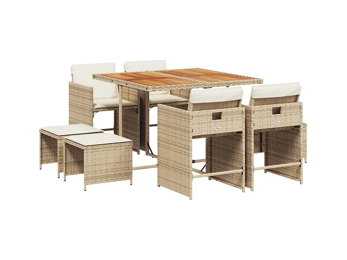 Zenn  9-delige Tuinset met kussens poly rattan beige