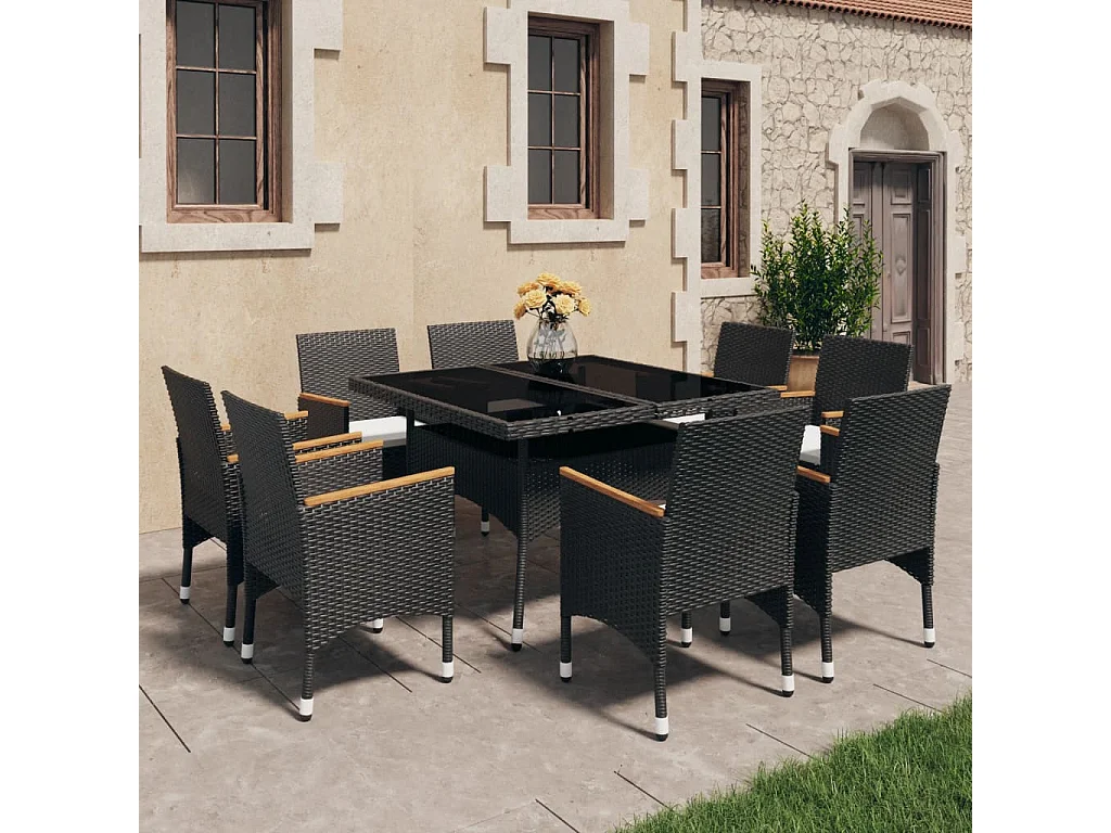 Løgumkloster  Ensemble à manger de jardin 9 pcs Résine tressée et acacia Noir
