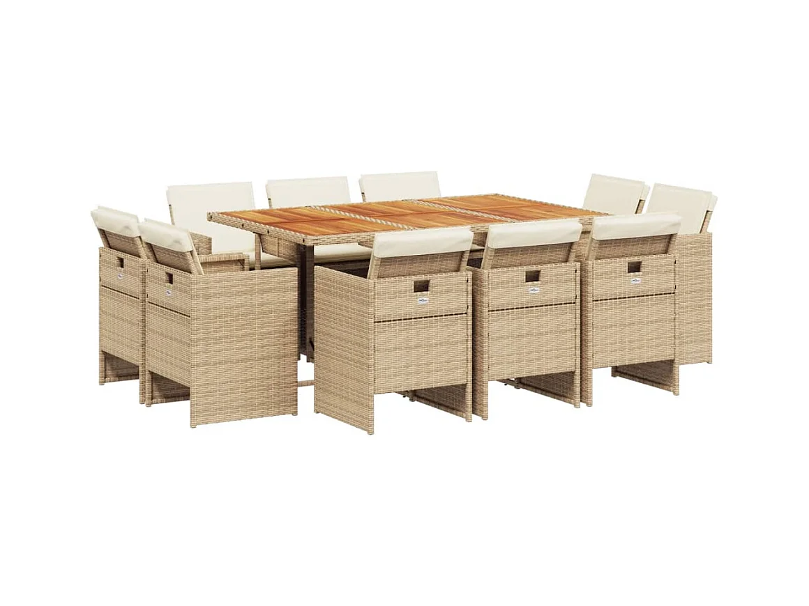 Jeroen  Ensemble à manger de jardin et coussins 11 pcs beige poly rotin