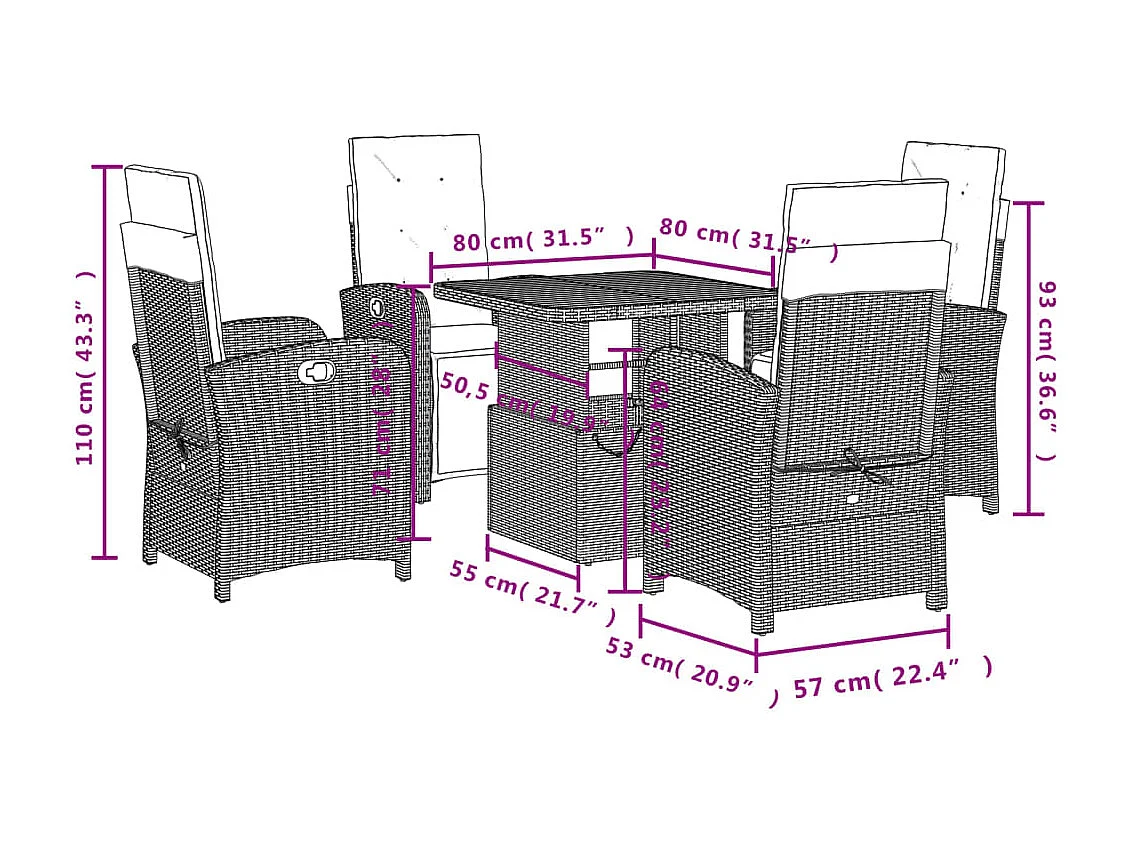 Onhaye  5-delige Tuinset met kussens poly rattan zwart