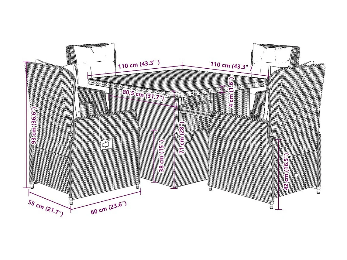 Coleville  Set comedor de jardín 5 piezas con cojines ratán sintético gris