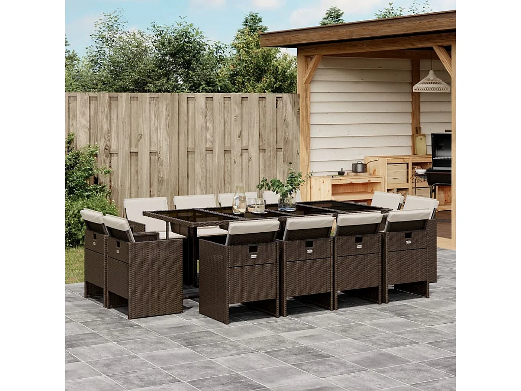 Jeroen  Ensemble à manger de jardin avec coussins 13 pcs marron rotin