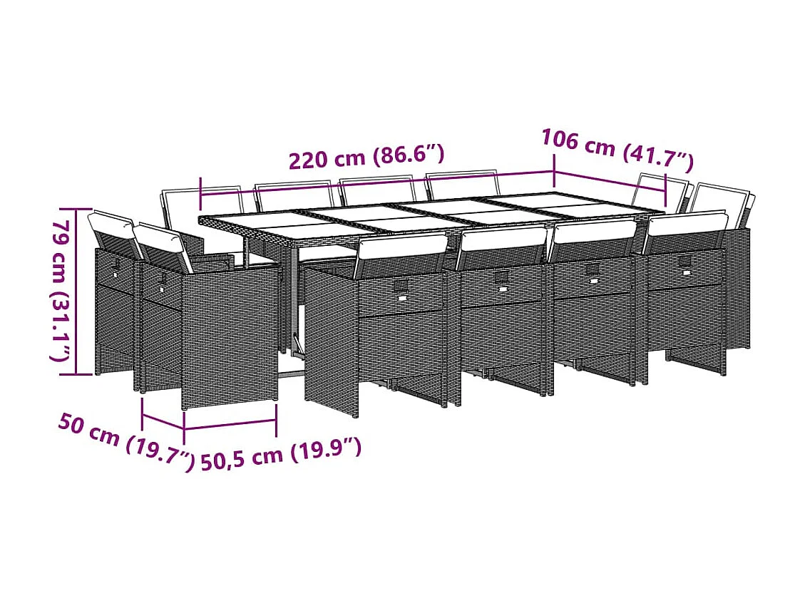 Jeroen  Ensemble à manger de jardin avec coussins 13 pcs marron rotin