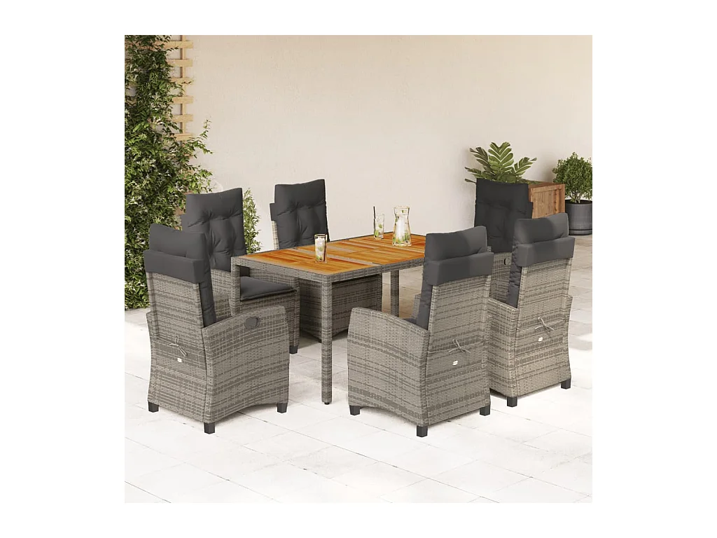 Magnir  Ensemble à manger de jardin et coussins 7 pcs gris rotin