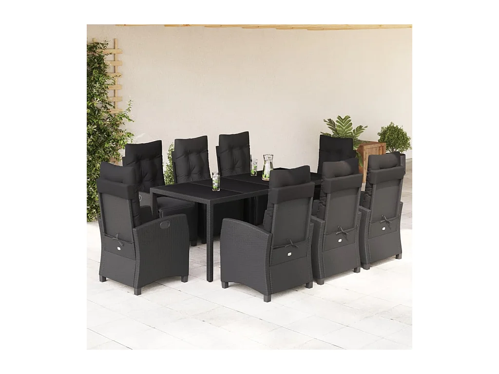 Vrikja  Ensemble à manger de jardin 9pcs coussins noir résine tressée