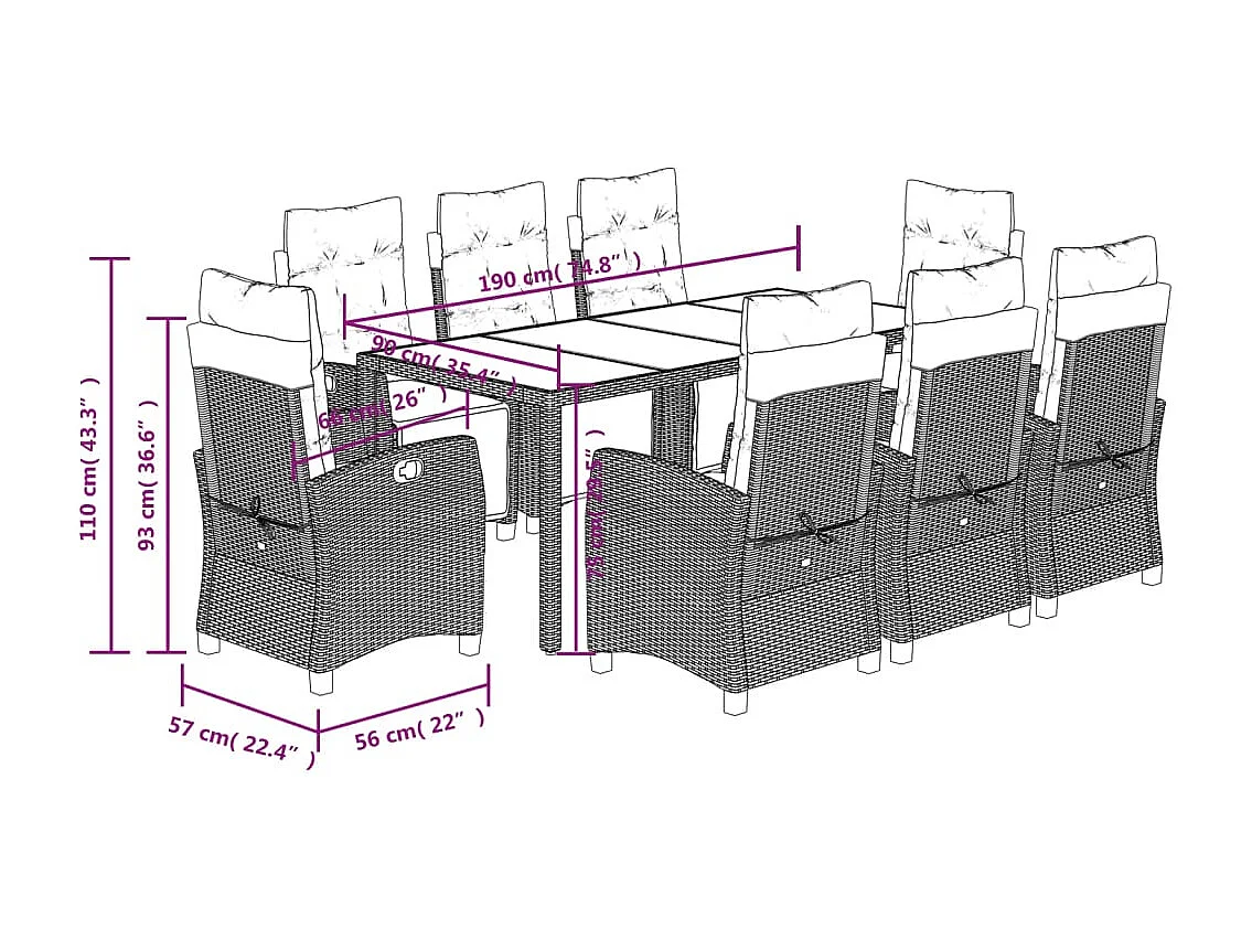Vrikja  Ensemble à manger de jardin 9pcs coussins noir résine tressée
