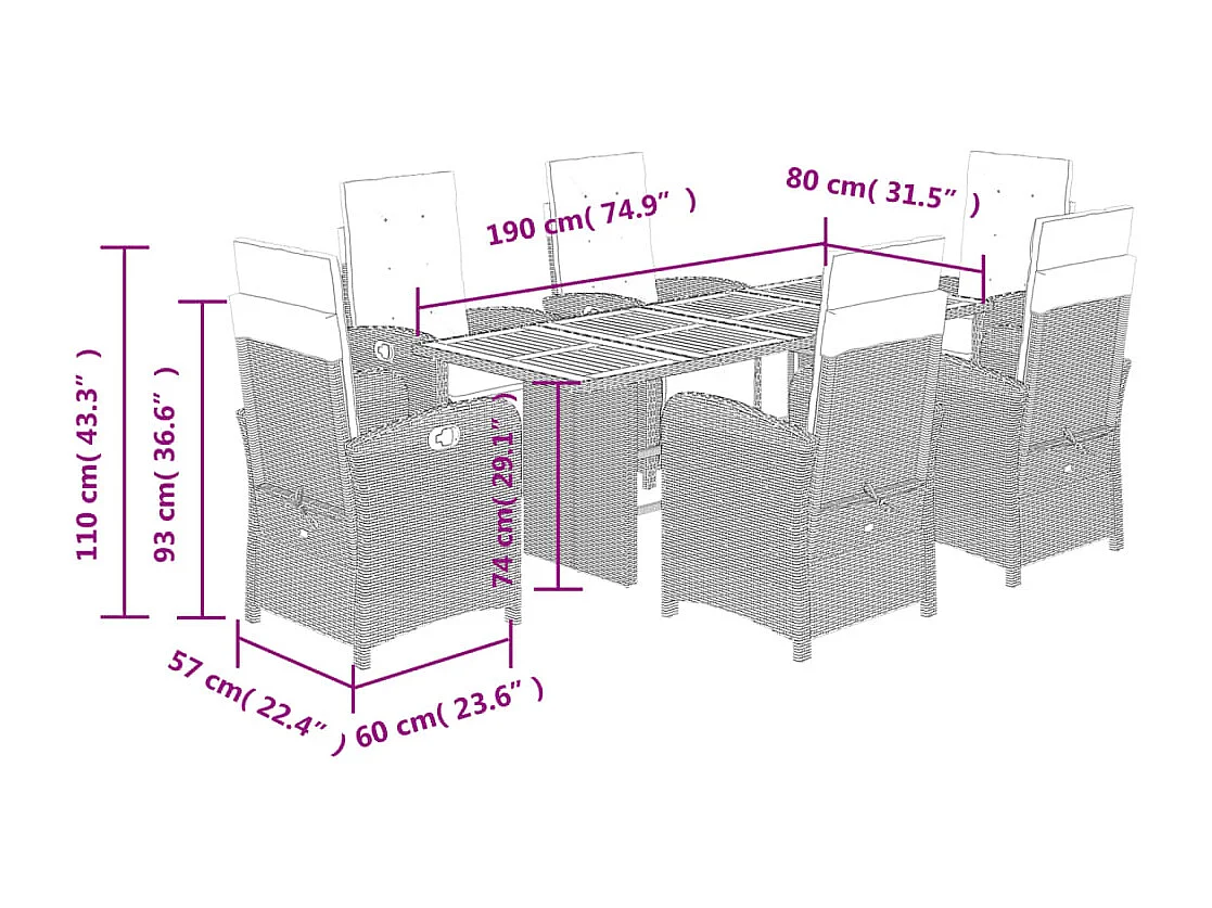 Thomian  Set comedor de jardín 7 pzas con cojines ratán sintético beige