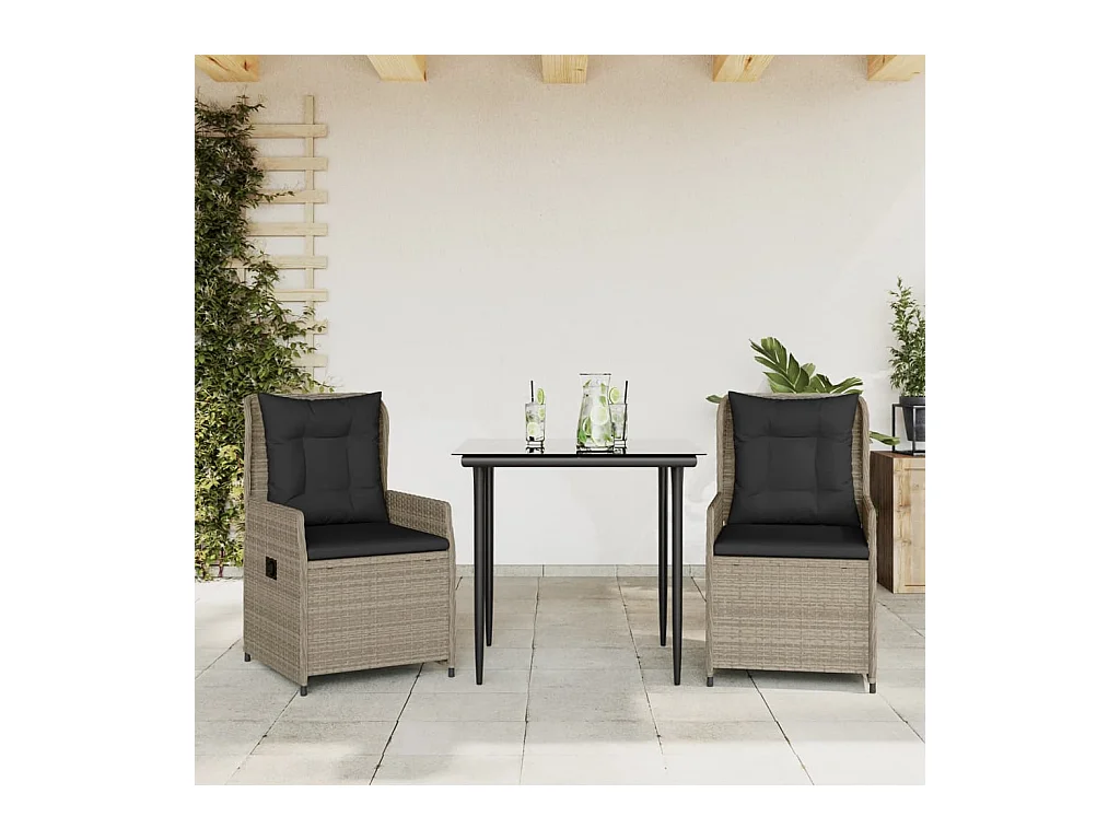 Tilly  Ensemble à manger de jardin 3pcs coussins gris clair poly rotin