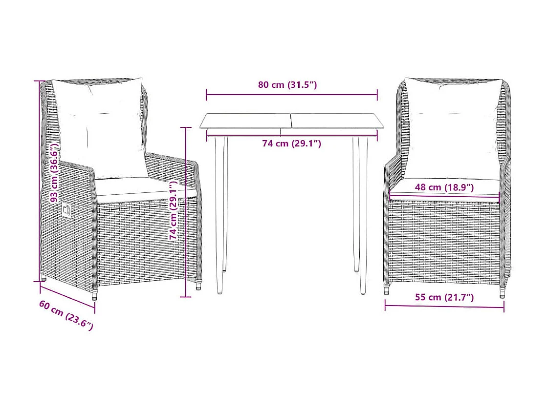Tilly  Ensemble à manger de jardin 3pcs coussins gris clair poly rotin