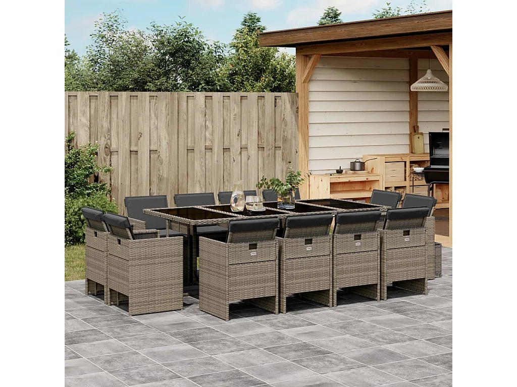 Jeroen  Ensemble à manger de jardin coussins 13 pcs gris résine tressée