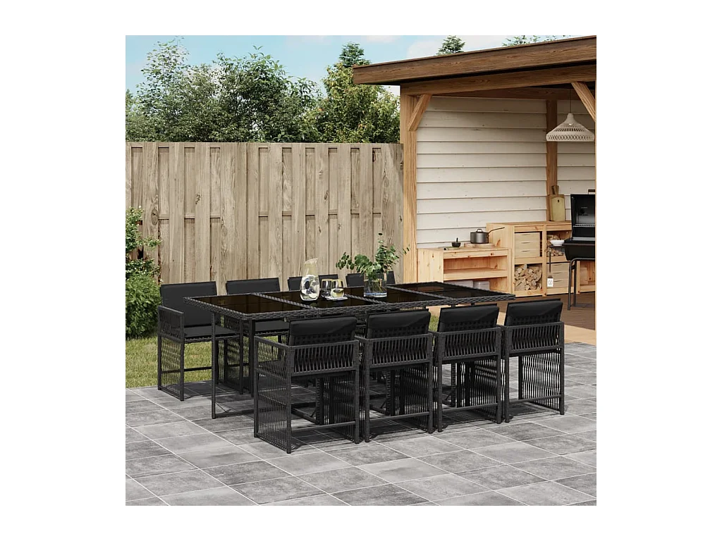 Jeffersontown  Set de comedor de jardín 9 pzas y cojines ratán sintético negro