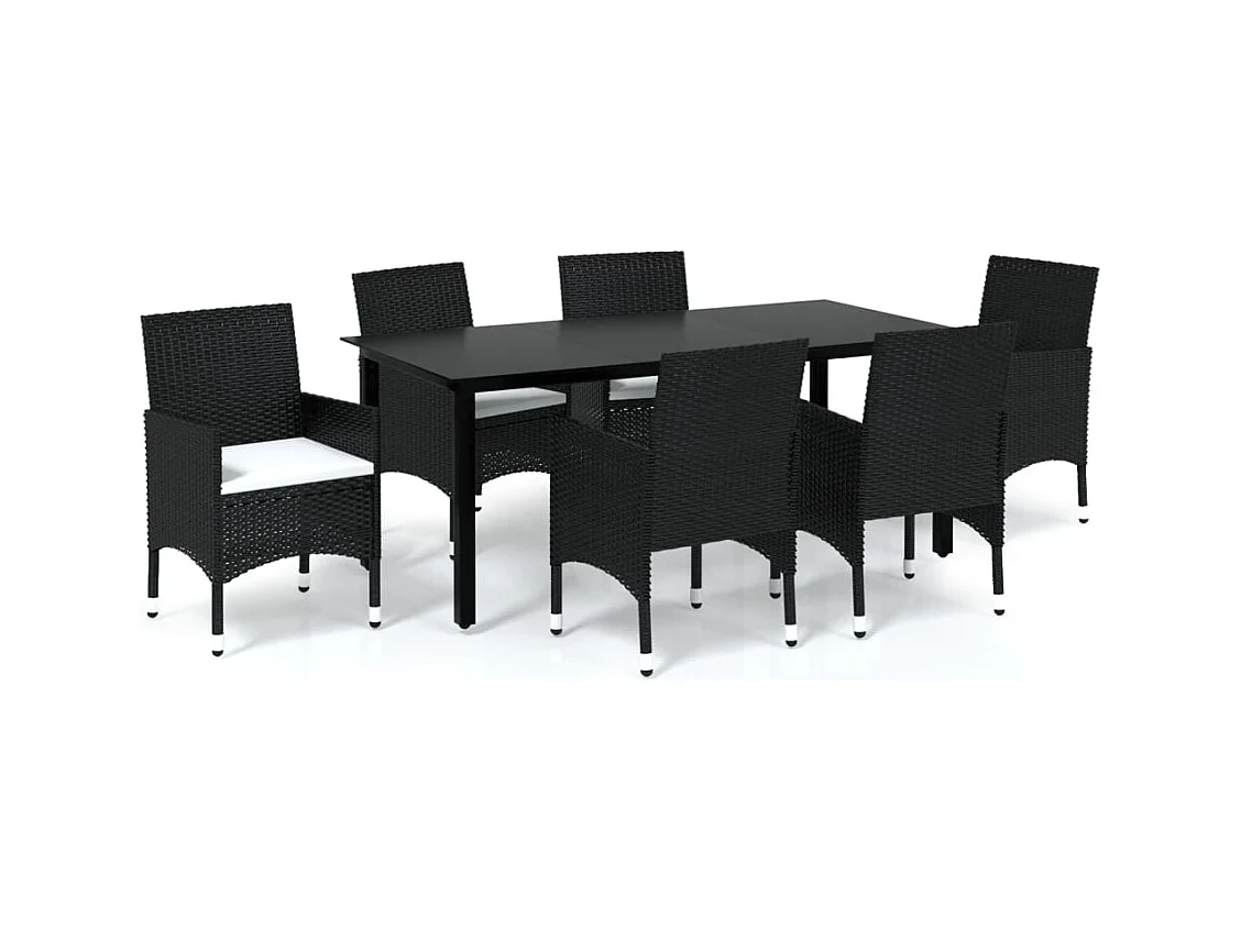 Wausau  Set de comedor de jardín 7 pzas y cojines ratán sintético negro
