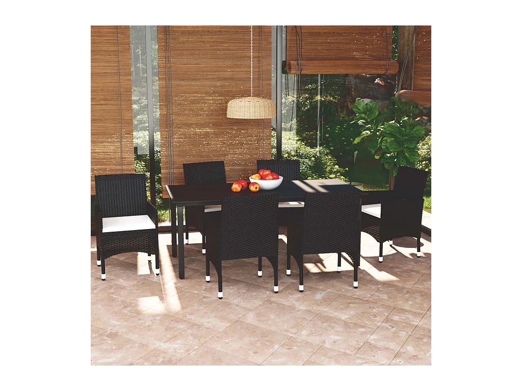 Wausau  Set de comedor de jardín 7 pzas y cojines ratán sintético negro
