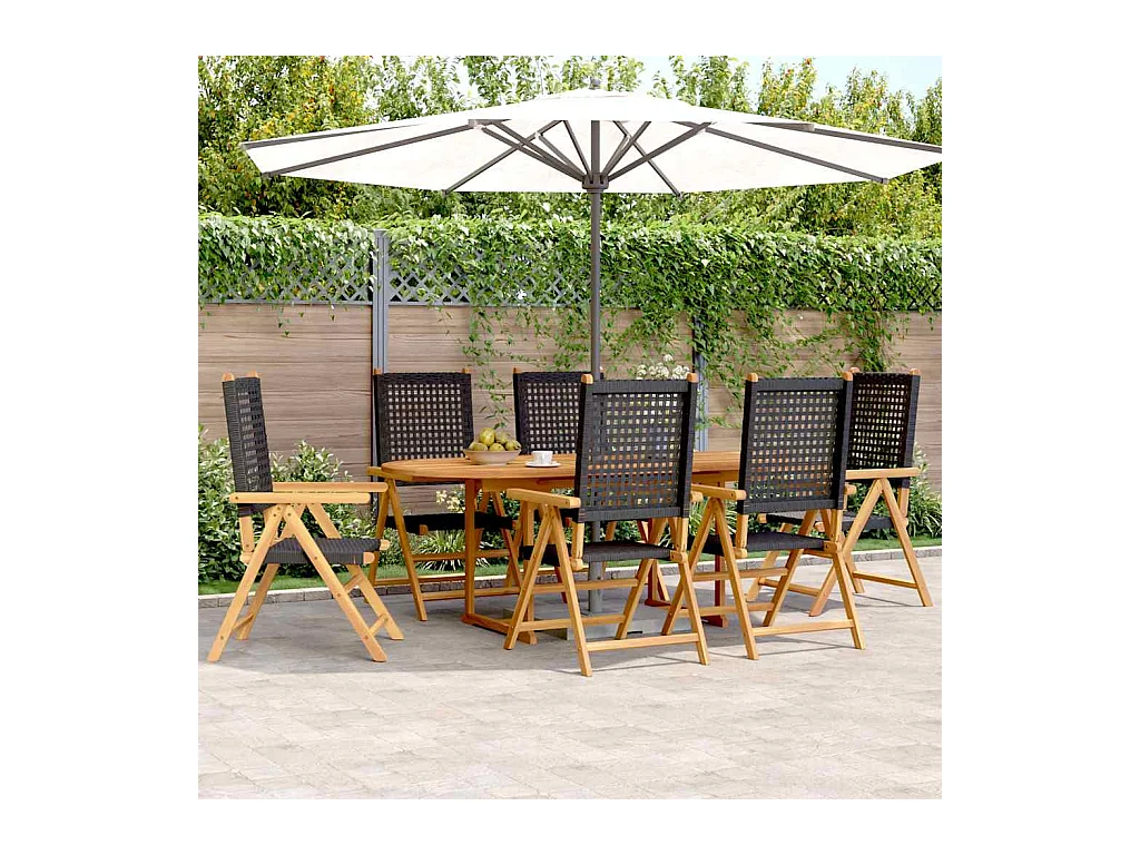 Grilda  Ensemble à manger de jardin 7 pcs noir rotin et bois massif