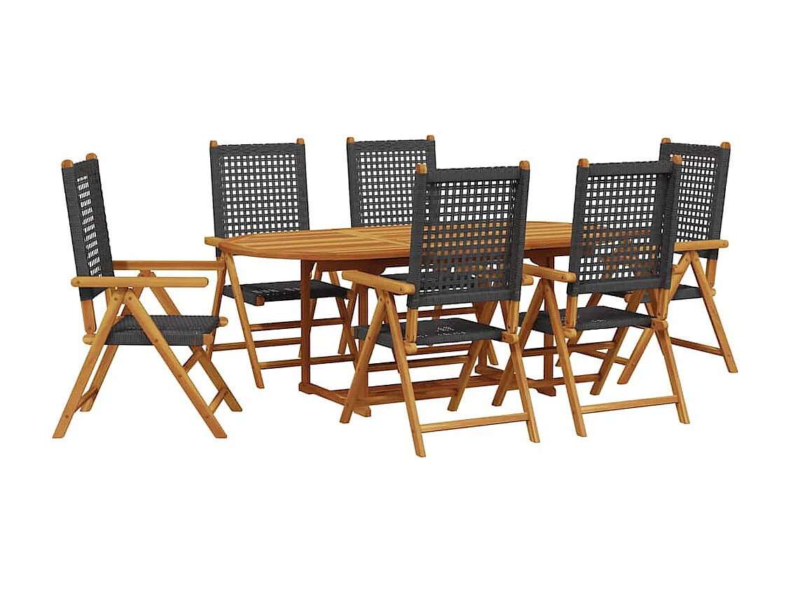 Grilda  Ensemble à manger de jardin 7 pcs noir rotin et bois massif