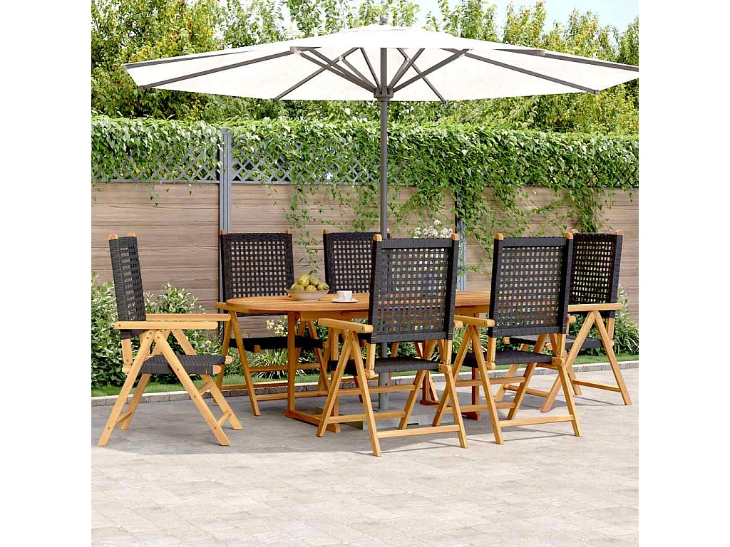 Grilda  Ensemble à manger de jardin 7 pcs noir rotin et bois massif