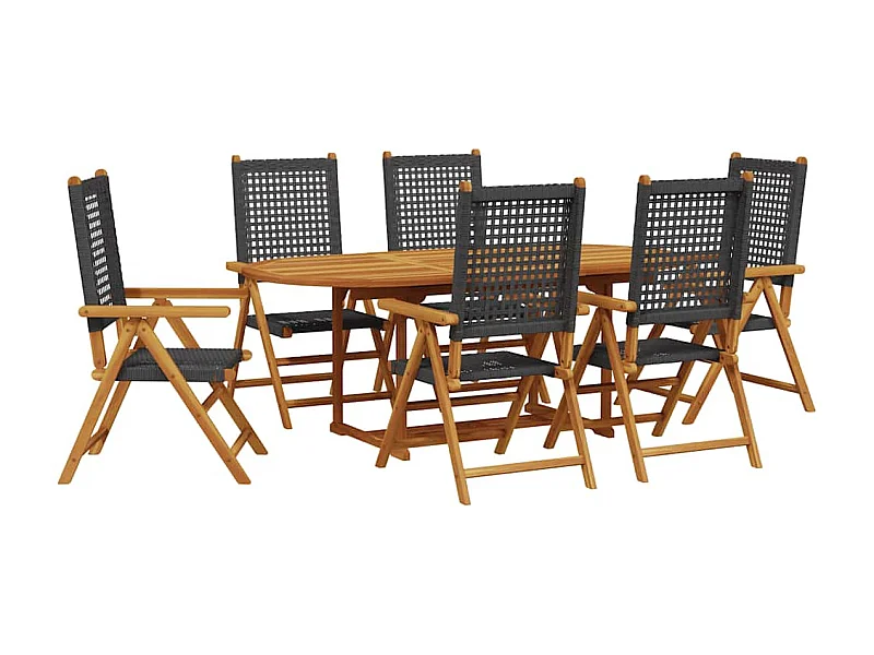 Grilda  Ensemble à manger de jardin 7 pcs noir rotin et bois massif