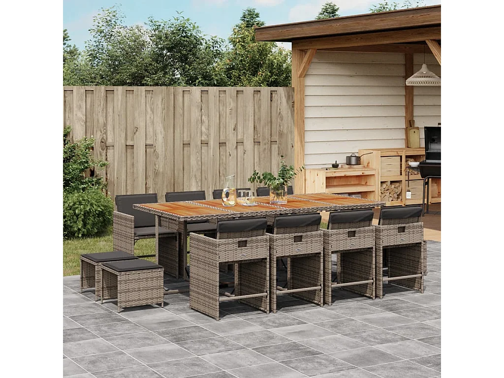 Zenn  Ensemble à manger de jardin coussins 13 pcs gris résine tressée