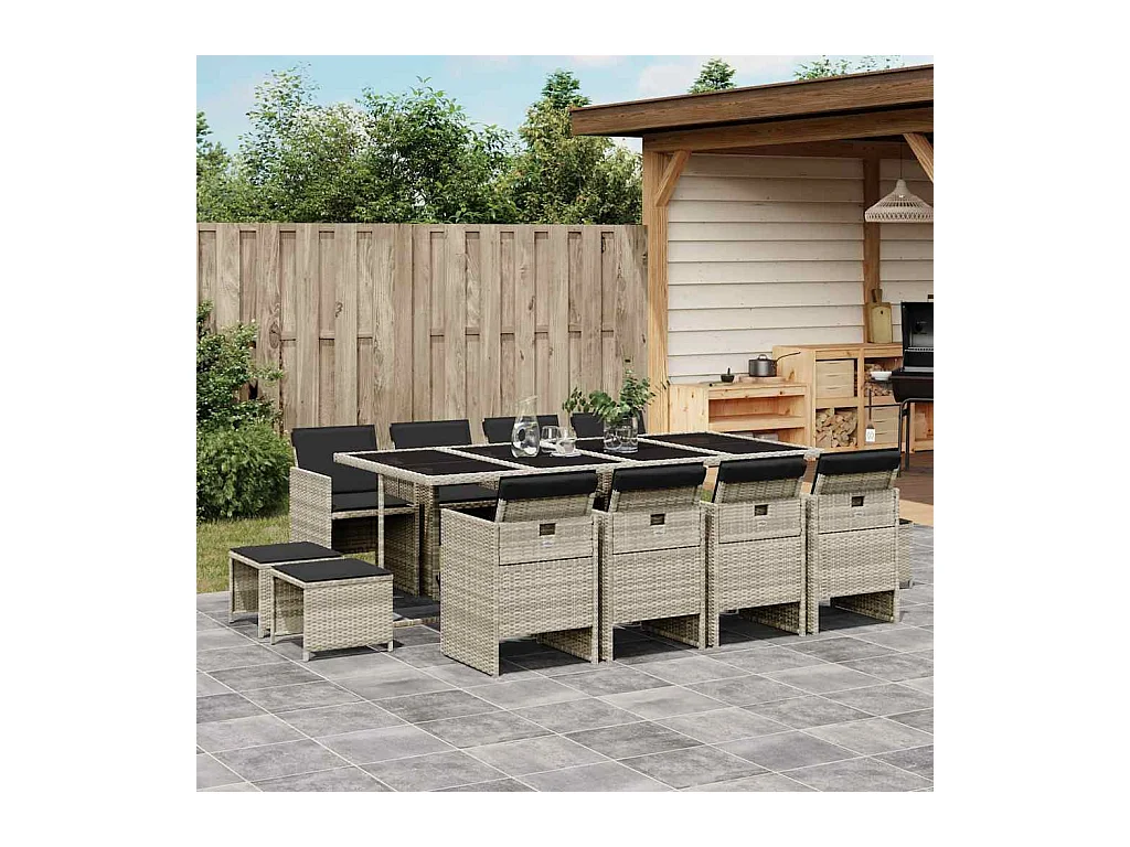 Steno  Ensemble à manger de jardin et coussins 13 pcs gris clair rotin