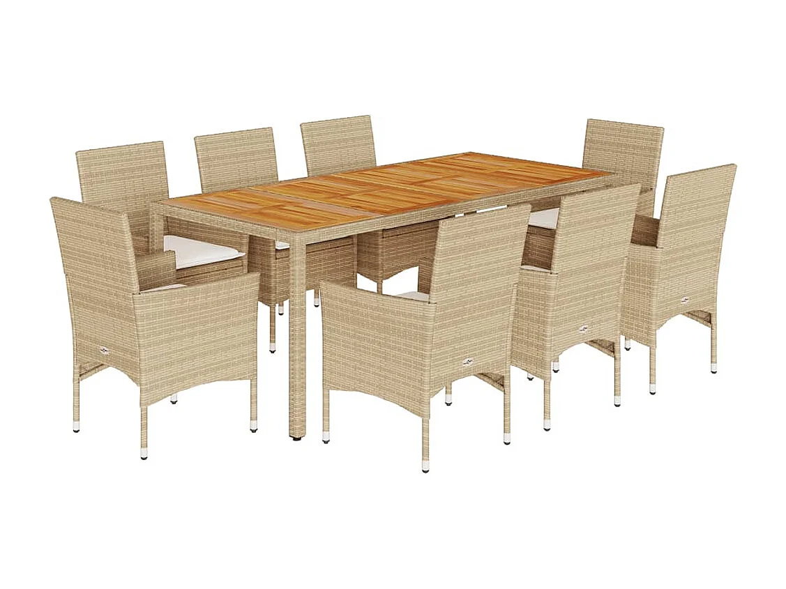 Les Mureaux  Ensemble à manger de jardin et coussins 9pcs beige rotin acacia