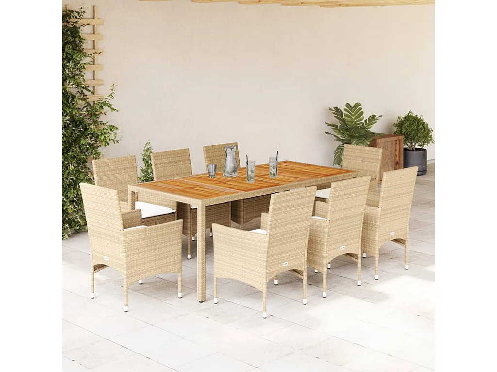 Les Mureaux  Ensemble à manger de jardin et coussins 9pcs beige rotin acacia
