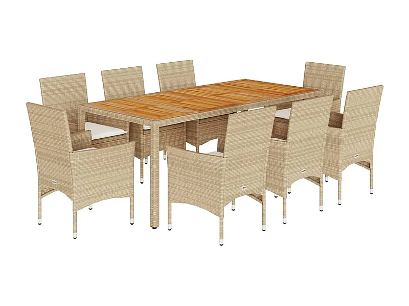 Les Mureaux  Ensemble à manger de jardin et coussins 9pcs beige rotin acacia