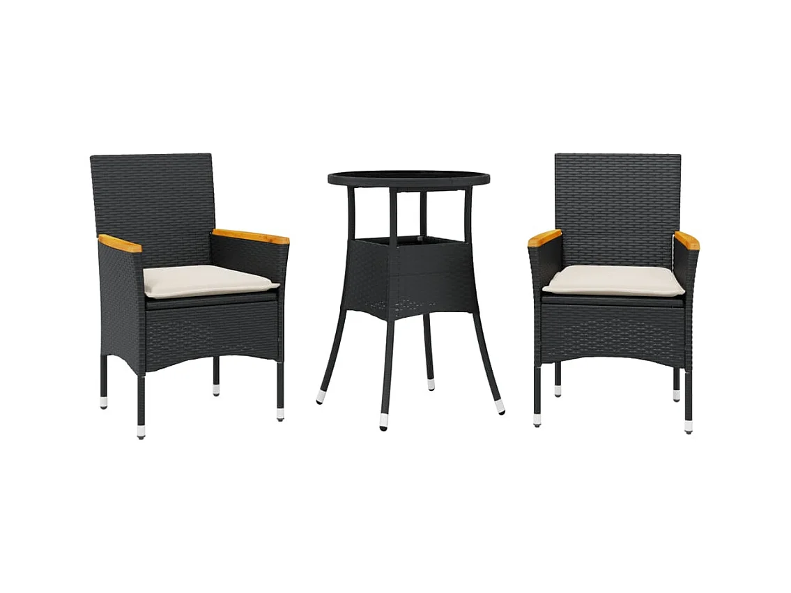 Eudes  Ensemble à manger de jardin et coussins 3 pcs noir rotin verre