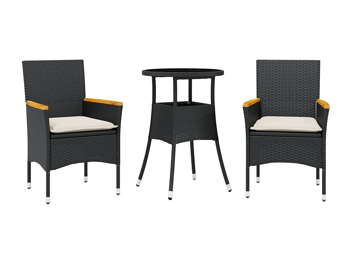 Eudes  Ensemble à manger de jardin et coussins 3 pcs noir rotin verre