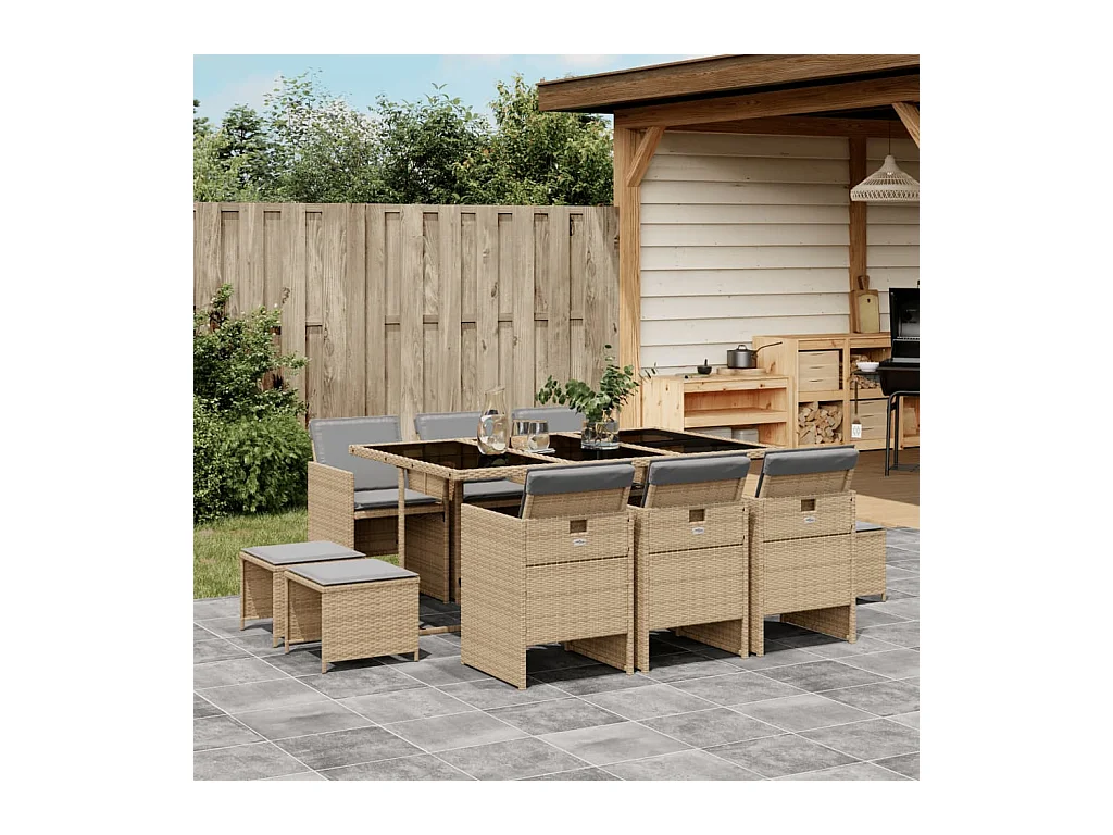 Bonno  11-delige Tuinset met kussens poly rattan gemengd beige