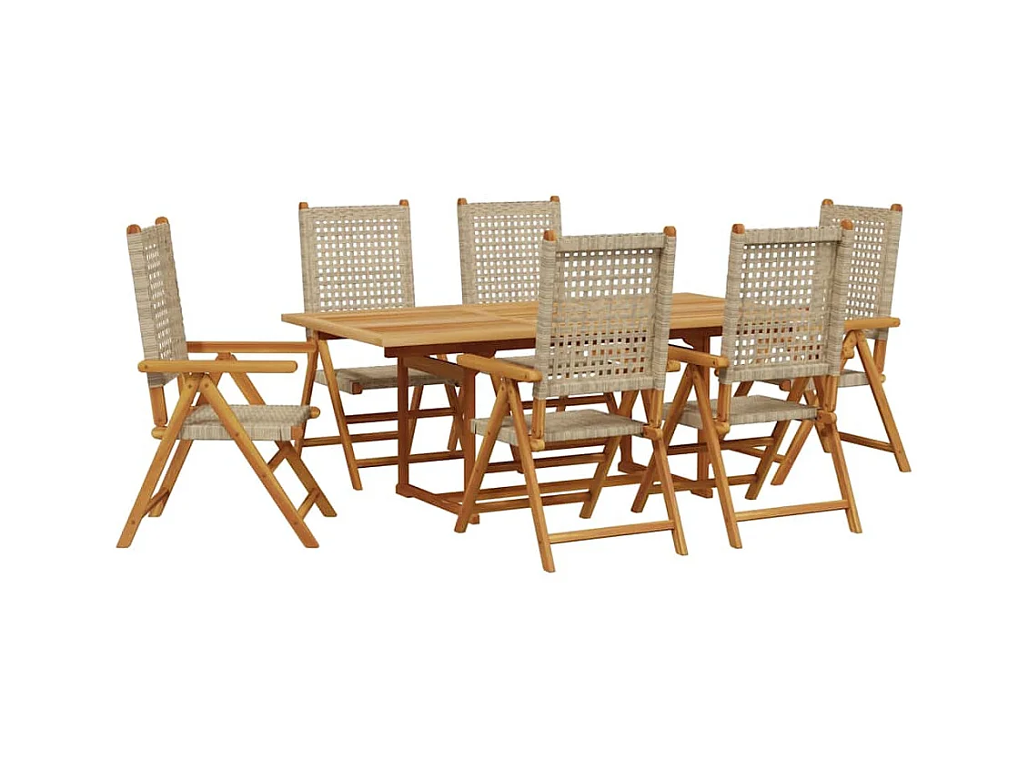 Grilda  Ensemble à manger de jardin 7 pcs beige rotin et bois massif
