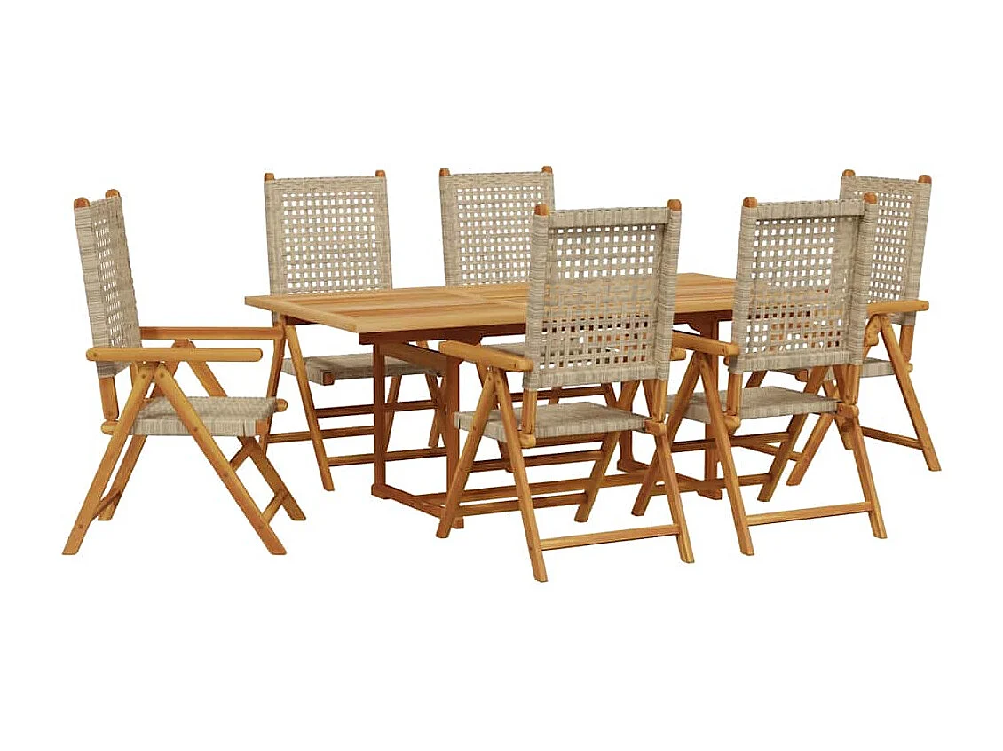 Grilda  Ensemble à manger de jardin 7 pcs beige rotin et bois massif