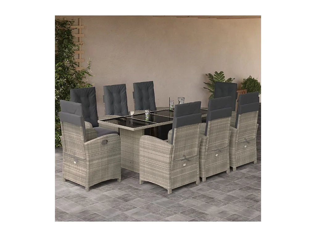 Thomian  Ensemble à manger de jardin et coussins 9 pcs gris clair rotin