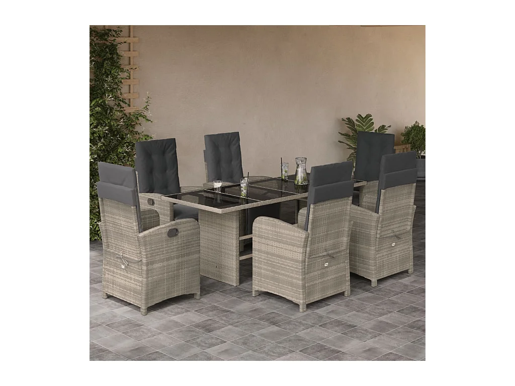 Thomian  Ensemble à manger de jardin et coussins 7 pcs gris clair rotin