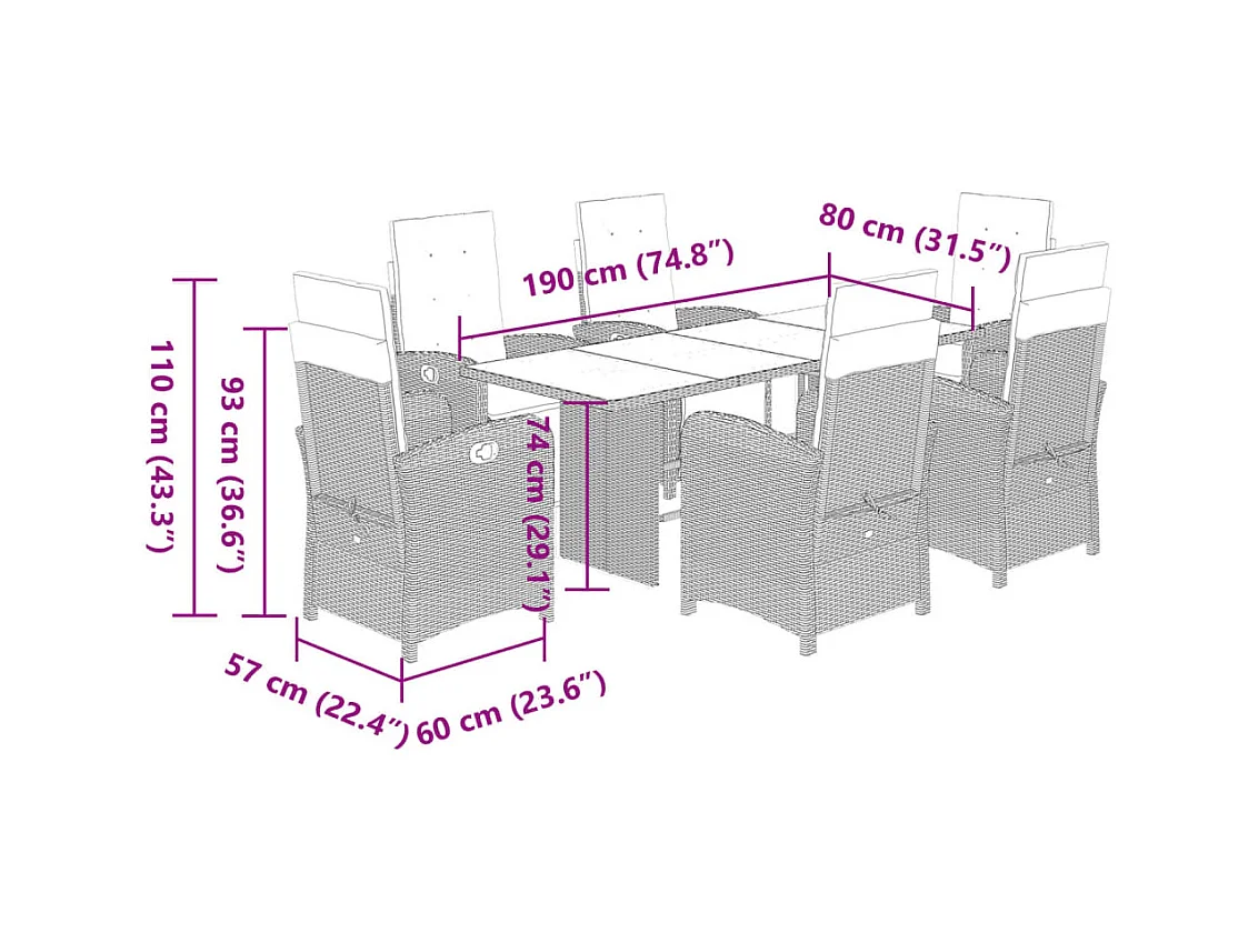 Thomian  Ensemble à manger de jardin et coussins 7 pcs gris clair rotin