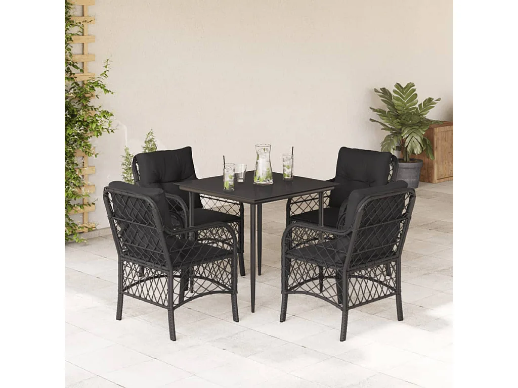 Solvi  Ensemble à manger de jardin coussins 5pcs Noir Résine tressée