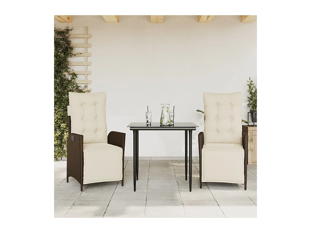Vessira  Set comedor de jardín 3 piezas y cojines ratán sintético marrón