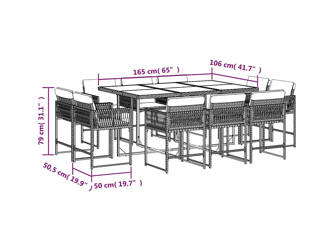 Emilia  Ensemble à manger de jardin et coussins 11 pcs marron rotin