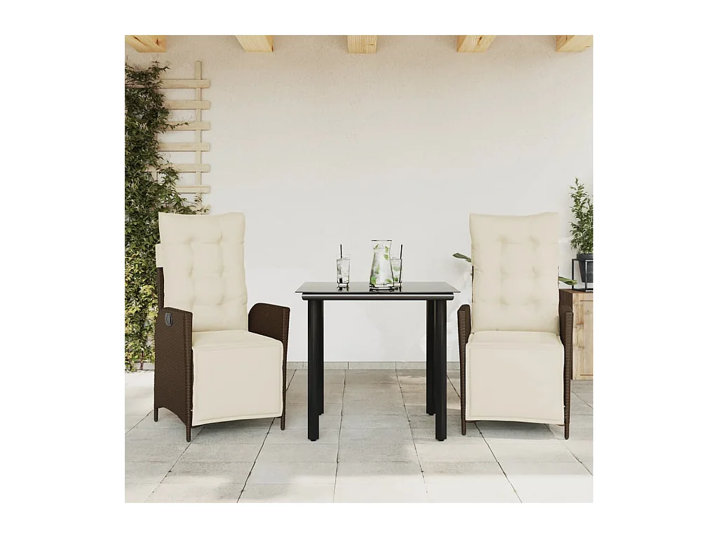 Vessira  Set comedor de jardín 3 piezas y cojines ratán sintético marrón
