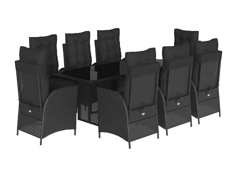 Emory  Set de comedor de jardín 9 pzas y cojines ratán sintético negro