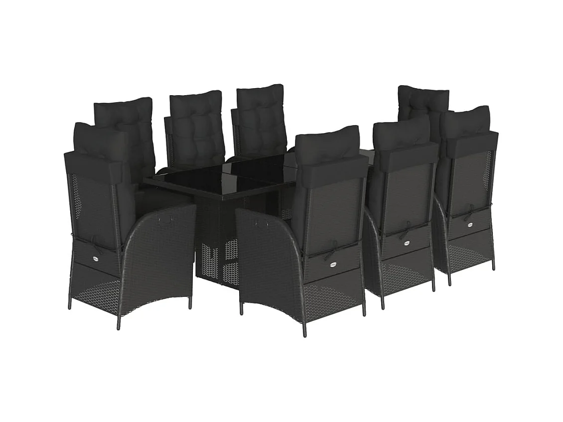 Emory  Set de comedor de jardín 9 pzas y cojines ratán sintético negro