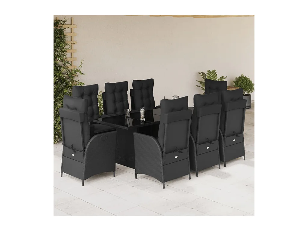 Emory  Set de comedor de jardín 9 pzas y cojines ratán sintético negro
